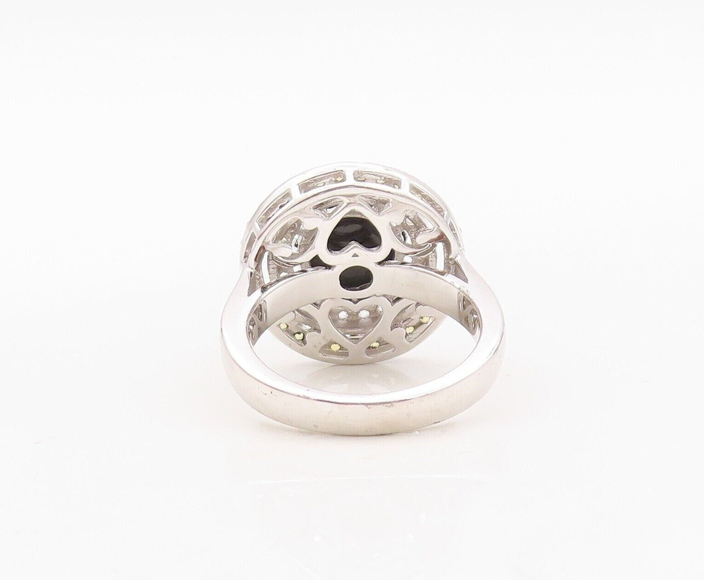 925 Sterling Silver Vintage Ring Round Onyx Halo Yellow & White CZ Sz 7  RG29948