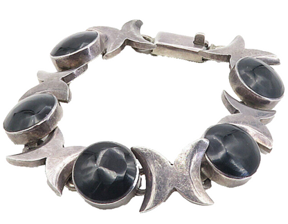 MEXICO 925 Silver  Vintage Inlaid Black Onyx Dark Tone Chain Bracelet  BT3955