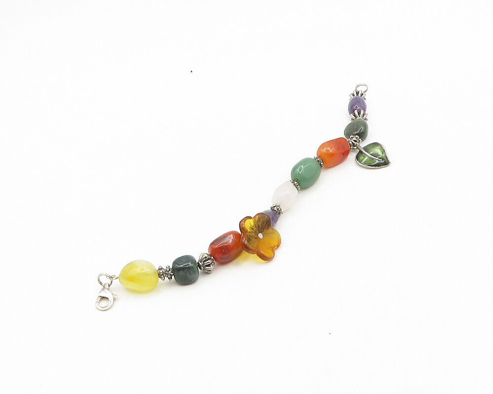 925 Silver  Vintage Amethyst Jade Amber Agate & Quartz Chain Bracelet  BT7839