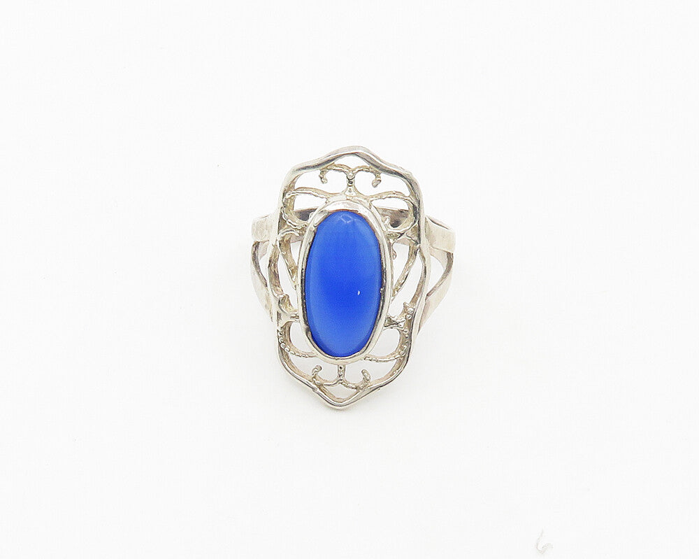 925 Sterling Silver  Vintage Blue Stone Floral Cocktail Ring Sz 8  RG18308