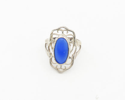 925 Sterling Silver  Vintage Blue Stone Floral Cocktail Ring Sz 8  RG18308
