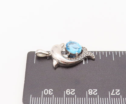 925 Sterling Silver Vintage Pendant 2 Tone CZ Dolphin Playing With Ball  PT22633