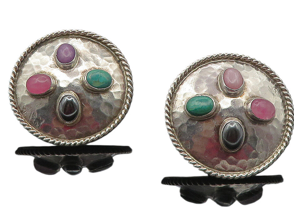 MEXICO 925 Silver Vintage Hematite & Multi Stone Non Pierce Earrings EG5942