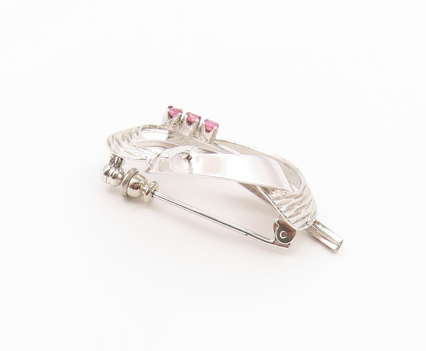 925 Sterling Silver  Vintage Pink Topaz Shiny Swirl Design Brooch Pin  BP4905