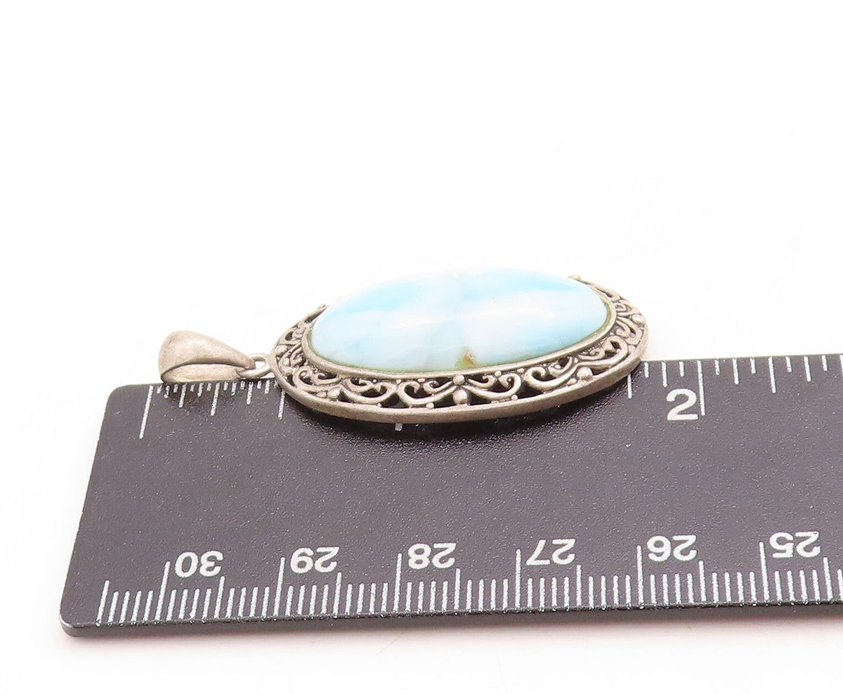 925 Sterling Silver Vintage Pendant Swirly Carved Oval Frame Larimar  PT23761