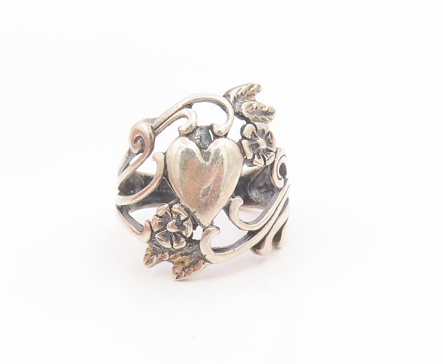 925 Sterling Silver Vintage Ring OTT Love Heart Floral Scrollwork  Sz 6  RG36106