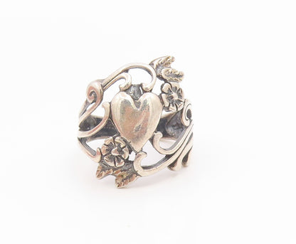 925 Sterling Silver Vintage Ring OTT Love Heart Floral Scrollwork  Sz 6  RG36106