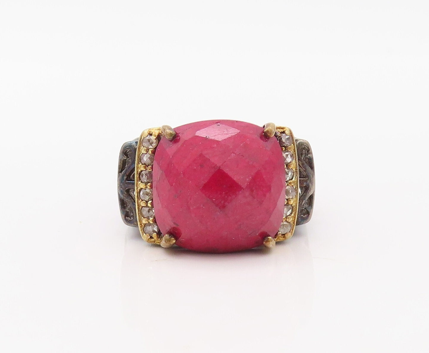 925 Sterling Silver Vintage Ring Diamonds & Gemstone Cutout Band  Sz 7  RG30792