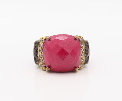 925 Sterling Silver Vintage Ring Diamonds & Gemstone Cutout Band  Sz 7  RG30792