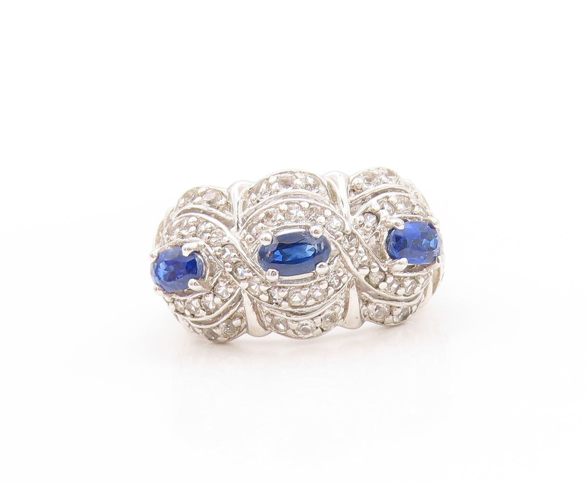 925 Sterling Silver Vintage Ring Oval Sapphire Halo Topaz Bands  Sz 6  RG32902