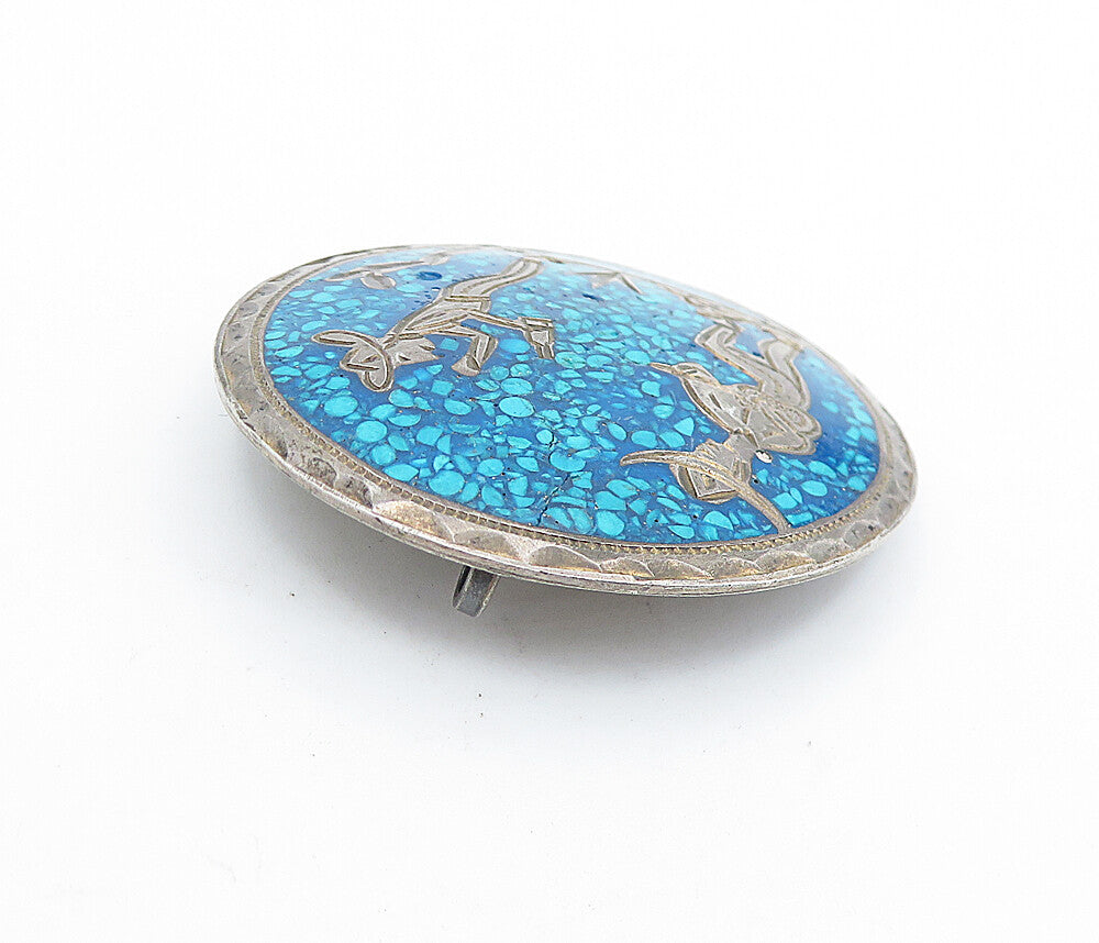MEXICO 925 Silver  Vintage Turquoise Men Playing Music Brooch Pin  BP2613
