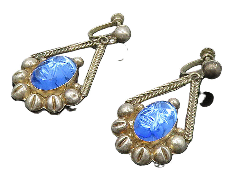 MEXICO 925 Silver  Vintage Face Carved Blue Topaz Dangle Earrings  EG8138
