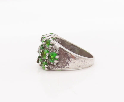 925 Sterling Silver Vintage Ring Oval Green & Round White CZ Bands Sz 9  RG28420