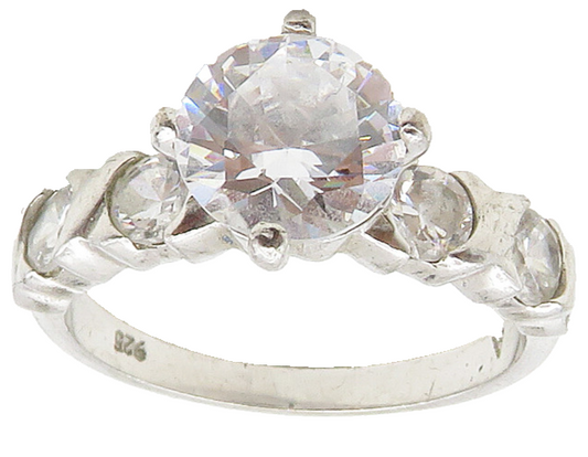 925 Sterling Silver  Cubic Zirconia Solitaire With Accents Ring Sz 7  RG15599
