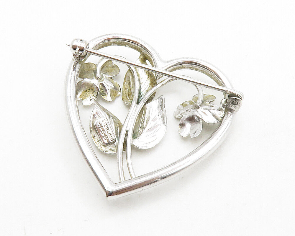 HARRY S. BICK 925 Silver  Vintage Shiny Floral Love Heart Brooch Pin  BP5050