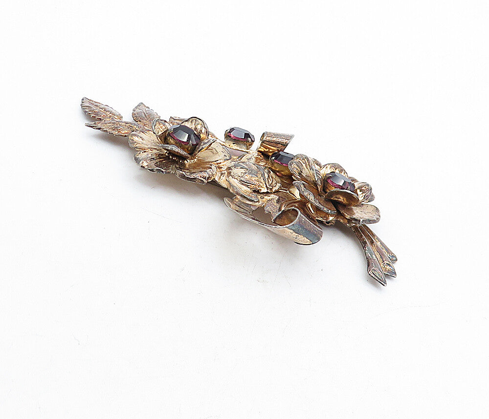 925 Sterling Silver  Vintage Amethyst Copper Tone Floral Brooch Pin  BP1881