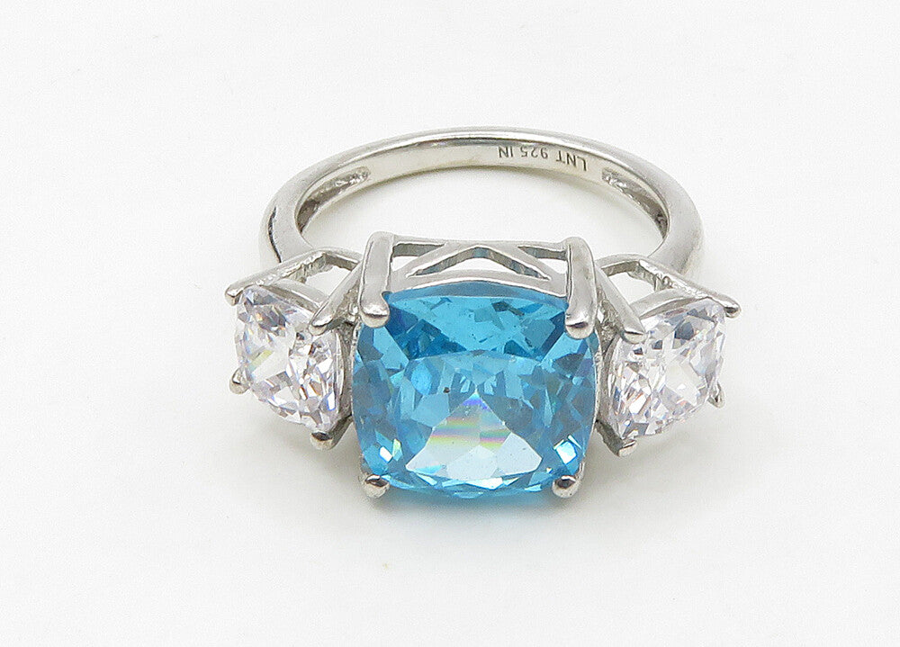 925 Silver  Vintage Blue Topaz & Cubic Zirconia Shiny Band Ring Sz 7  RG21519