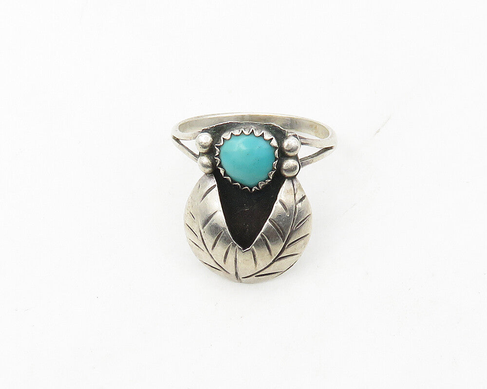 NAVAJO 925 Silver  Vintage Turquoise Floral Leaf Band Ring Sz 6.5  RG17497