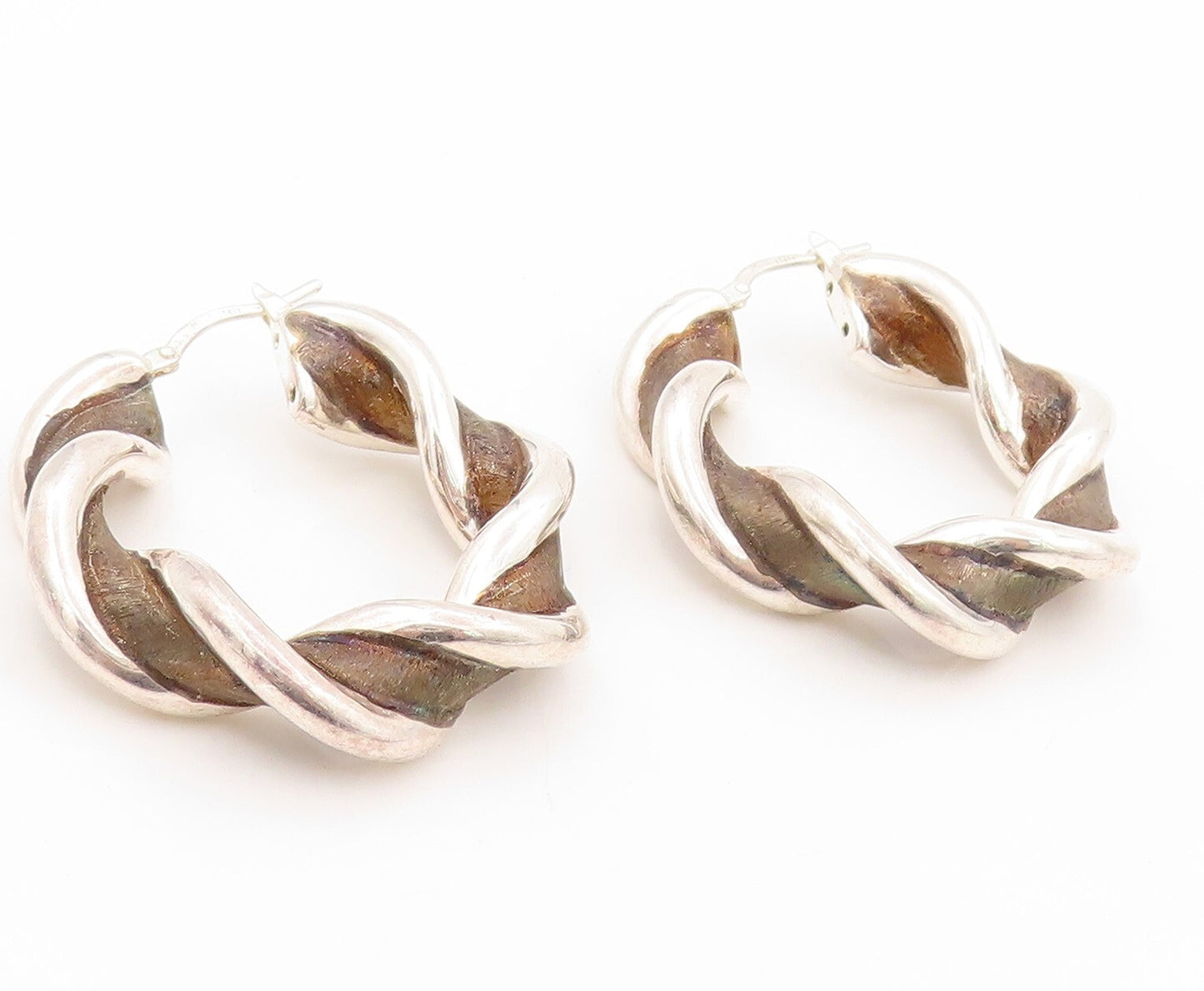 925 Sterling Silver Vintage Earrings Designer Twisted Rope Cutout Hoops  EG13413
