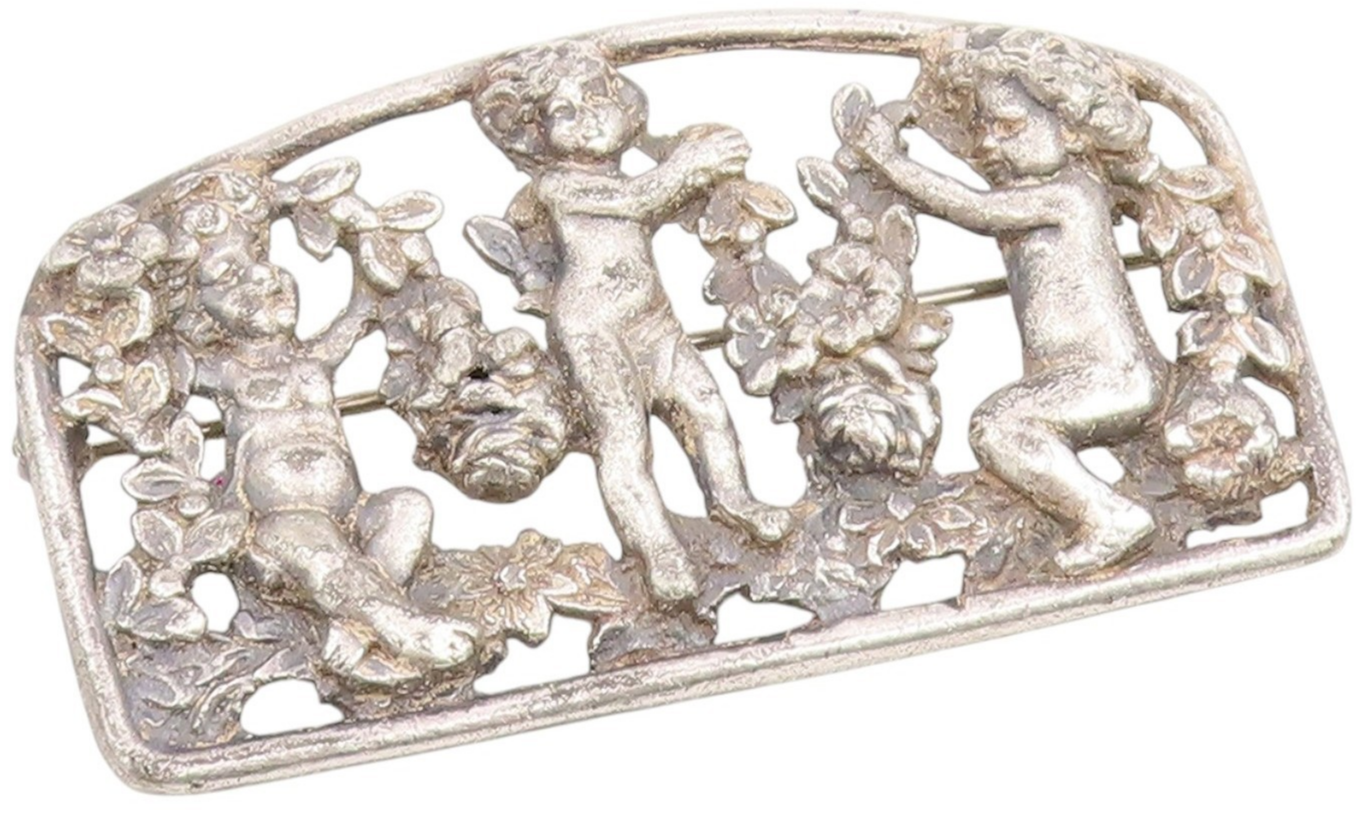 925 Sterling Silver Vintage Brooch Pin Antique Cherub Angel & Garland  BP12393