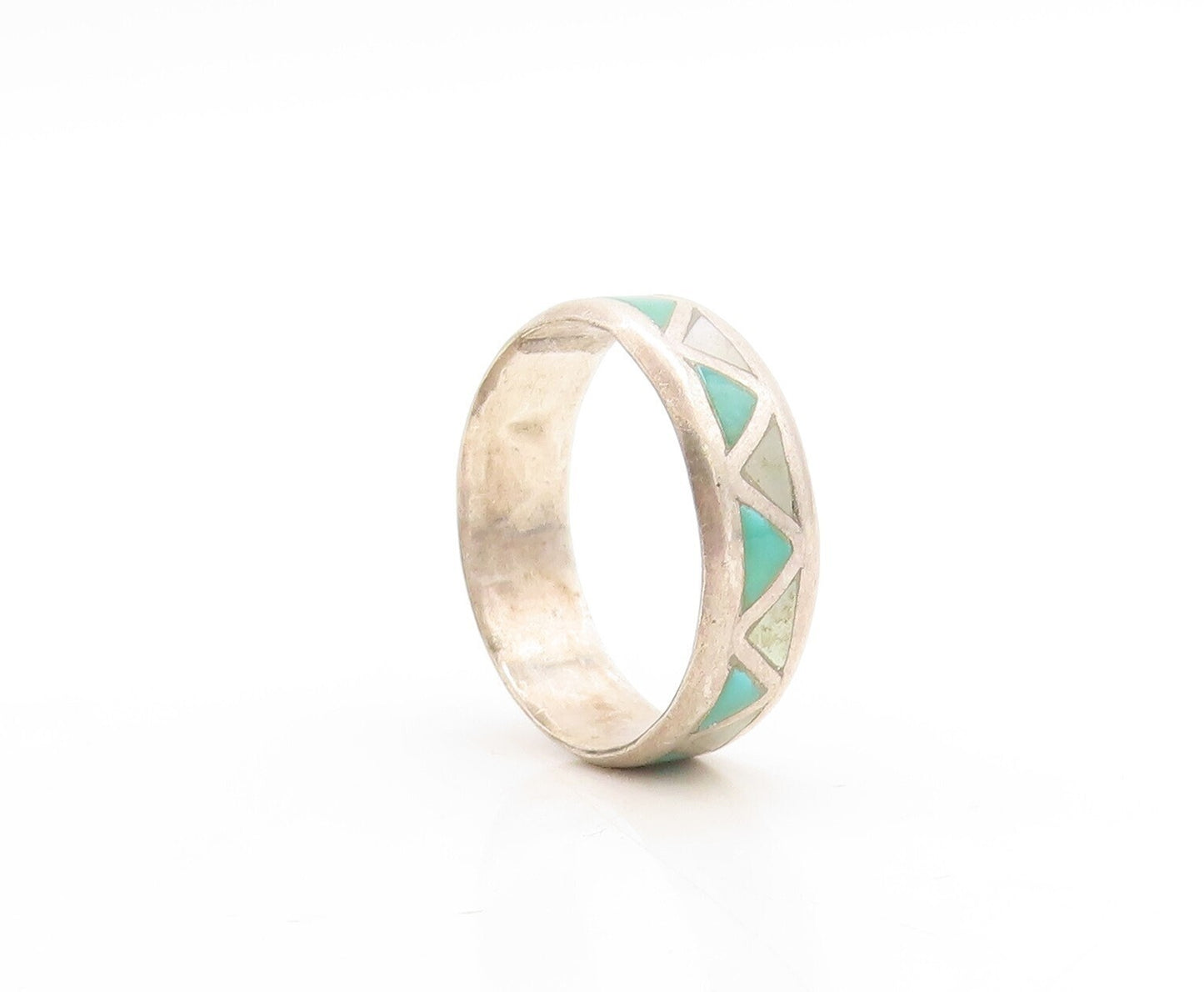 925 Sterling Silver Vintage Ring Triangle Carved Gemstone Inlay  Sz 9.5  RG31196