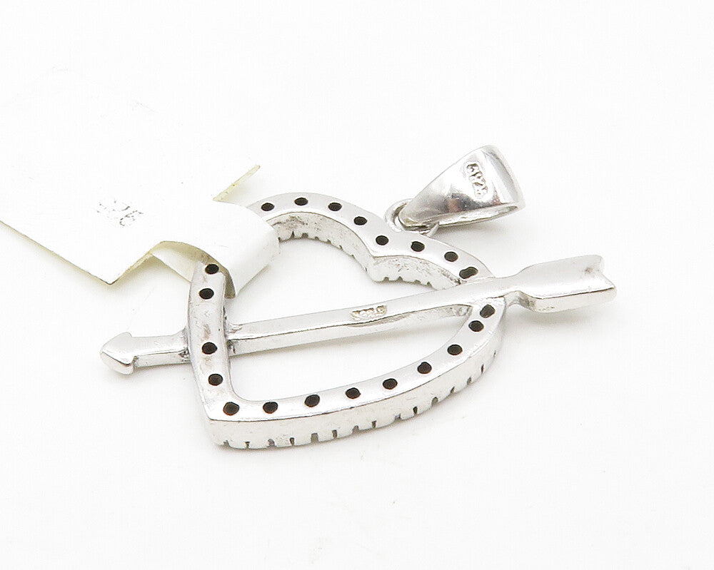 925 Sterling Silver  White Topaz Open Love Heart Bow & Arrow Pendant   PT10707