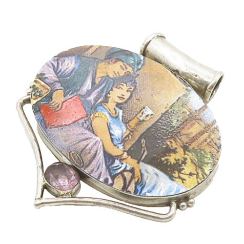 925 Sterling Silver  Vintage Amethyst Enamel Scene Slide Pendant  PT14735