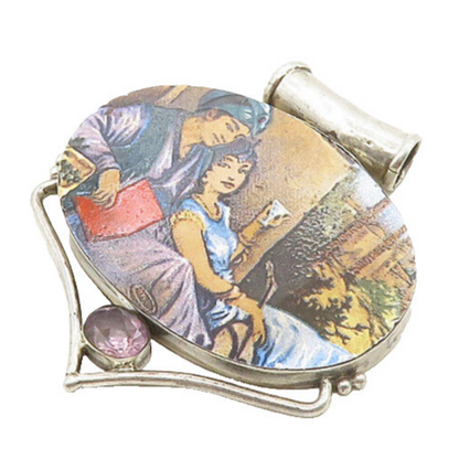925 Sterling Silver  Vintage Amethyst Enamel Scene Slide Pendant  PT14735