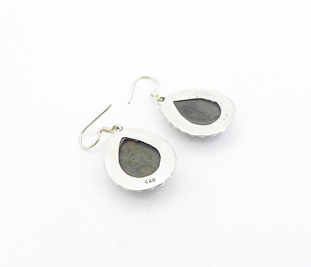 925 Sterling Silver  Vintage Cabochon Cut Jasper Tear Drop Earrings  EG3766