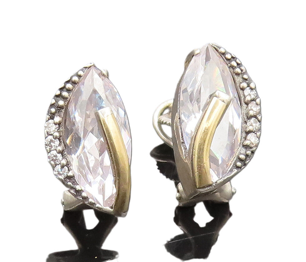 14k GOLD 925 Sterling Silver Vintage Beaded Marquise Cut CZ Earrings  EG12652