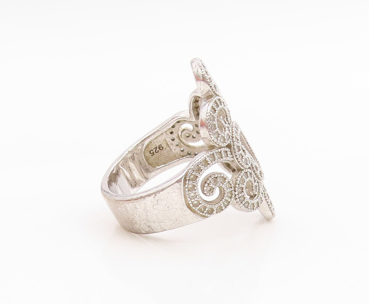925 Sterling Silver Vintage Ring Elegant CZ Swirly Openwork Band  Sz 7  RG35926
