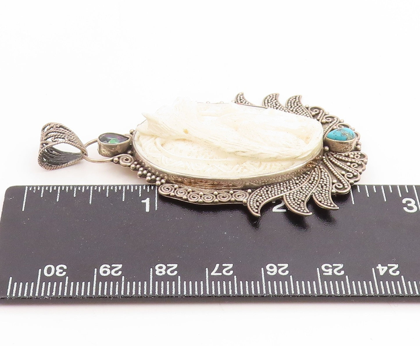 925 Sterling Silver Vintage Pendant Mystic Topaz & Turquoise Carved Cat  PT26200