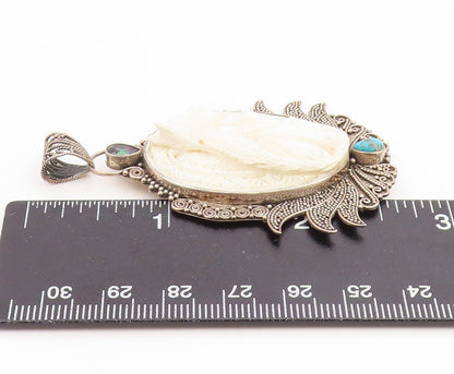 925 Sterling Silver Vintage Pendant Mystic Topaz & Turquoise Carved Cat  PT26200