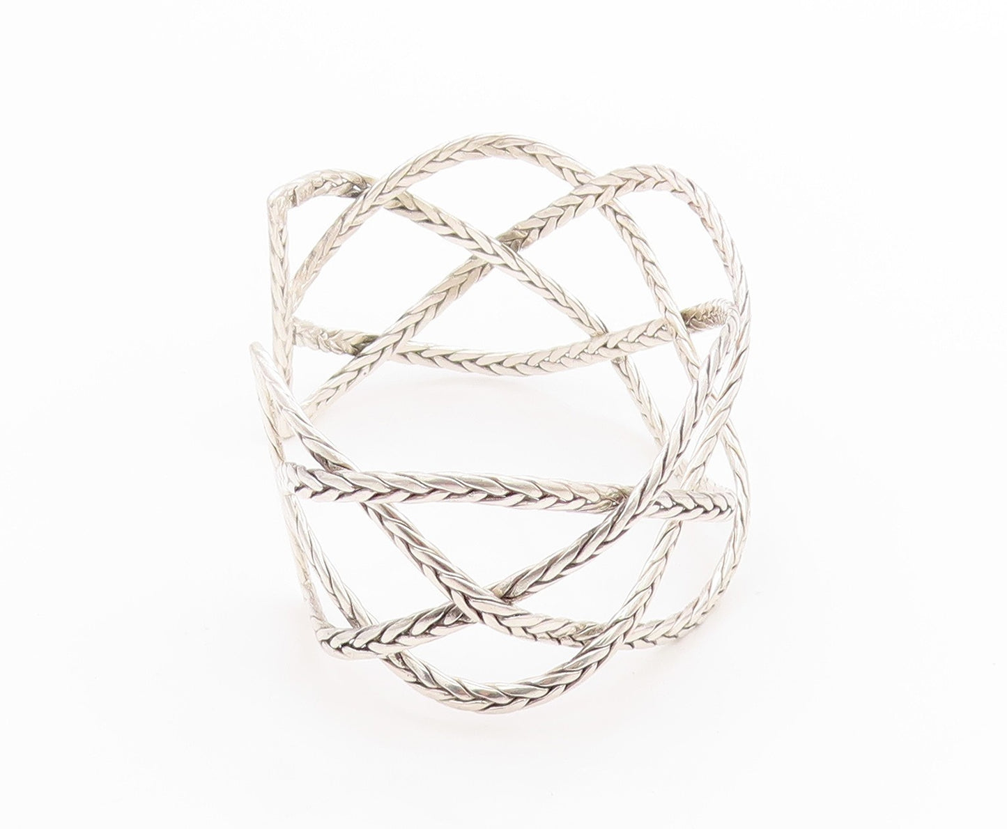 925 Sterling Silver Vintage Bracelet Cutout Breaded Ropes Woven Cuff  BT11357