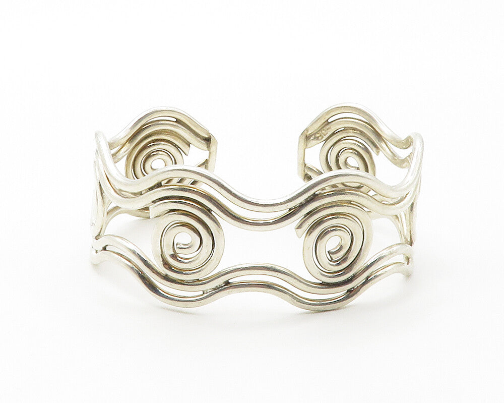 925 Sterling Silver  Vintage Shiny Open Spiral Swirl Cuff Bracelet  BT5575