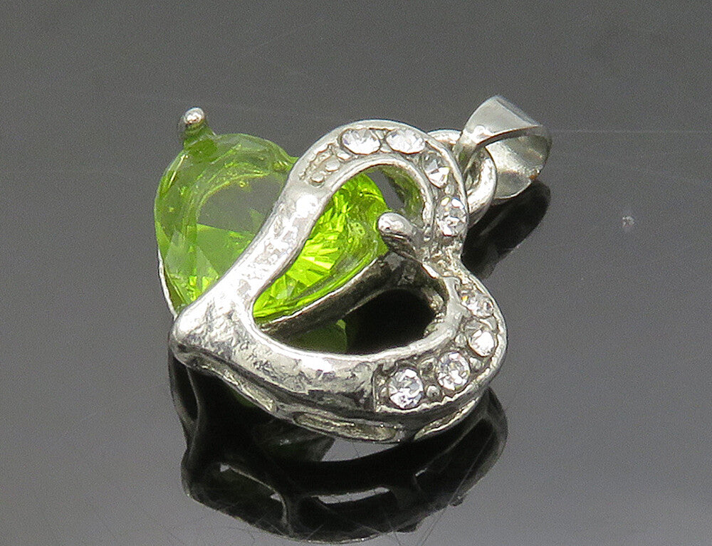 925 Sterling Silver  Vintage Peridot & Cubic Zirconia Heart Pendant  PT13261