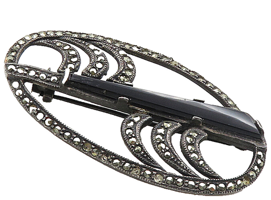 925 Sterling Silver  Vintage Black Onyx & Marcasite Swirl Brooch Pin  BP3470