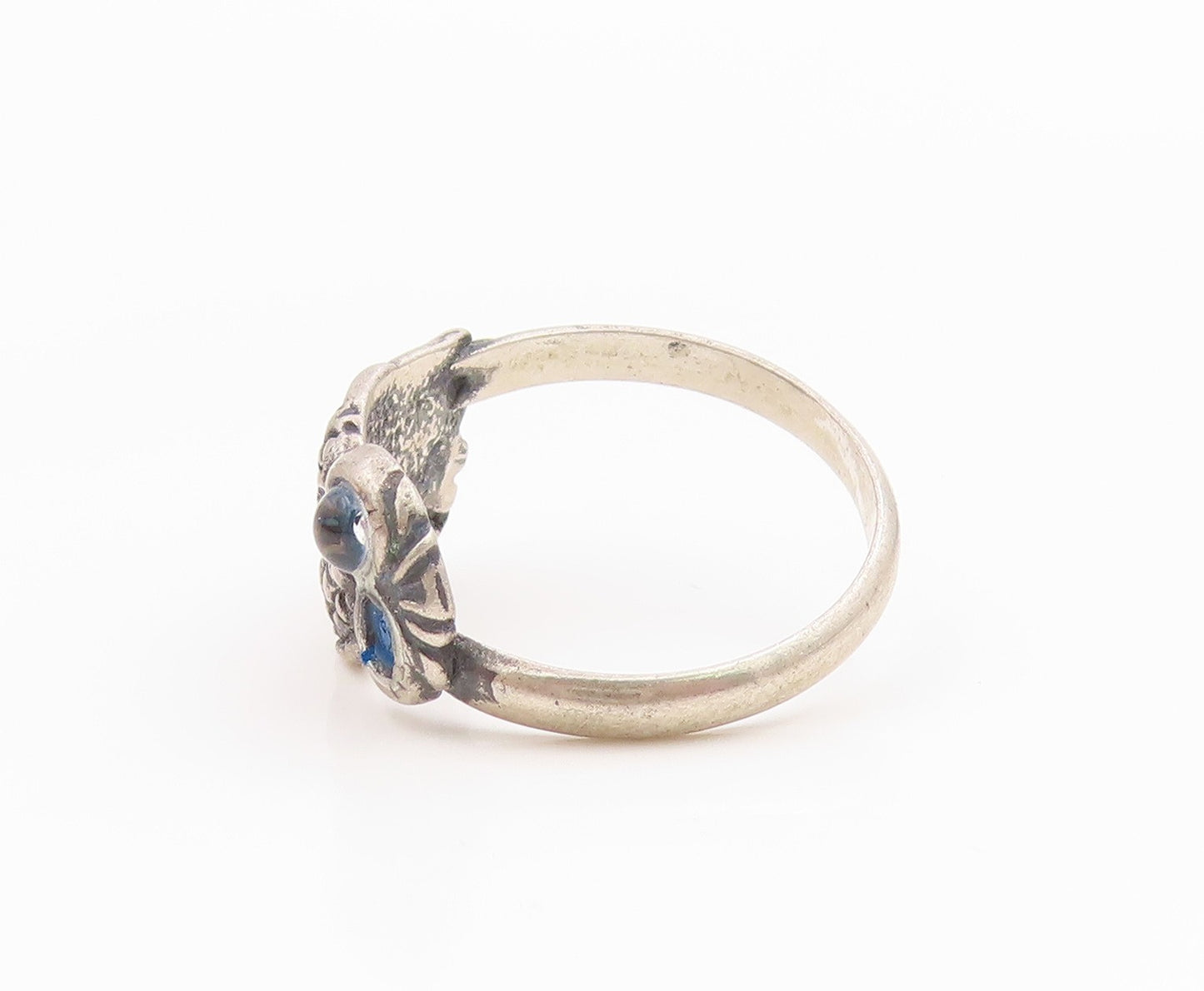 925 Sterling Silver Vintage Ring Blue Eyed Wise Owl Motif Band  Sz 7.5  RG36111