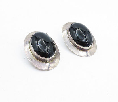 925 Sterling Silver  Vintage Cabochon Cut Black Onyx Drop Earrings  EG2759