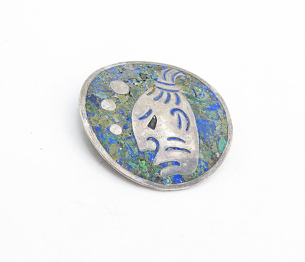 MEXICO 925 Sterling Silver  Vintage Inlaid Jasper Face Brooch Pin  BP1561