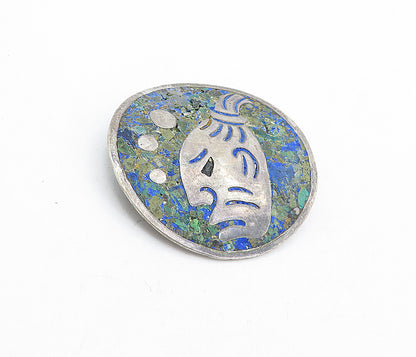 MEXICO 925 Sterling Silver  Vintage Inlaid Jasper Face Brooch Pin  BP1561