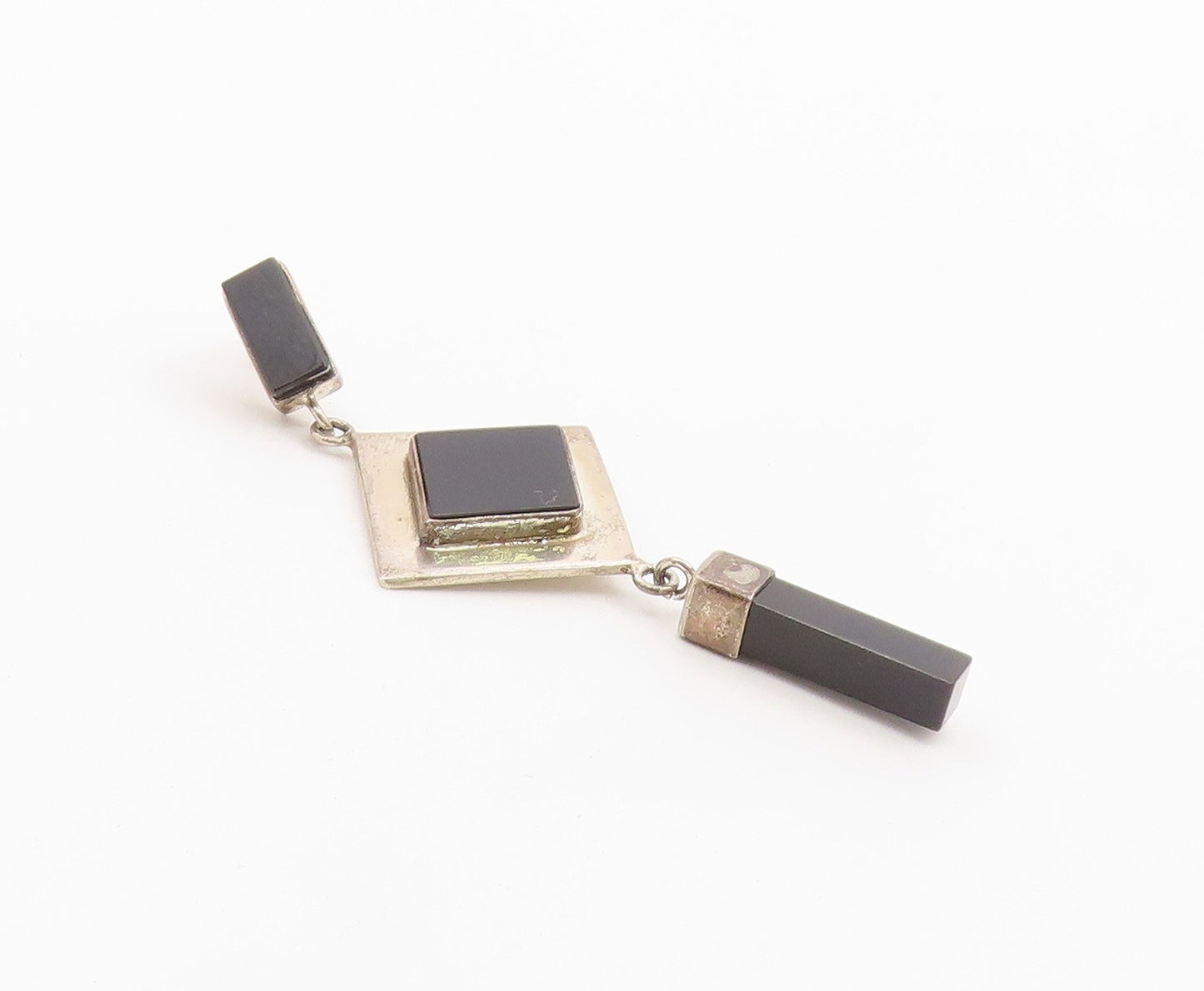925 Sterling Silver Vintage Earrings MEXICO Black Onyx Geometric Dangle  EG14441