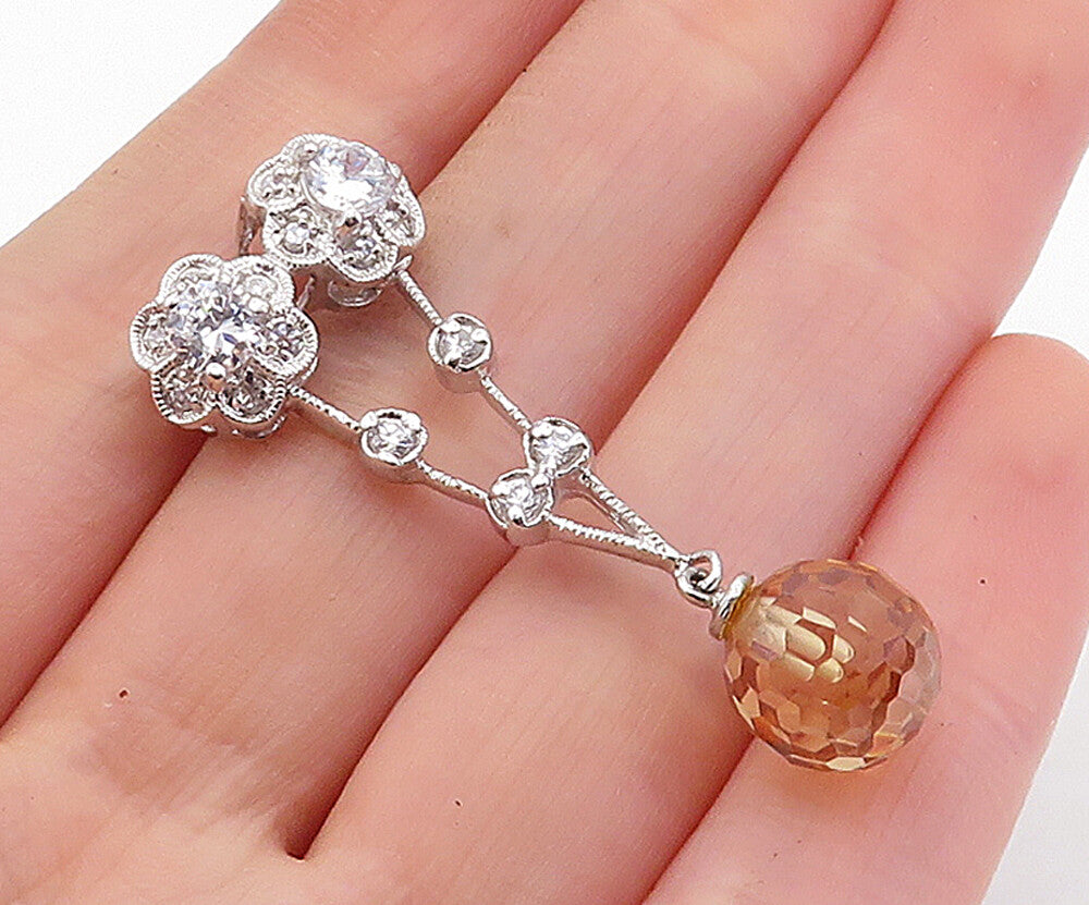 925 Sterling Silver  Cubic Zirconia Faceted Bead Floral Slide Pendant  PT4639