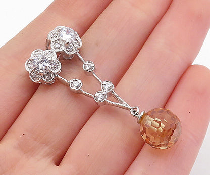 925 Sterling Silver  Cubic Zirconia Faceted Bead Floral Slide Pendant  PT4639
