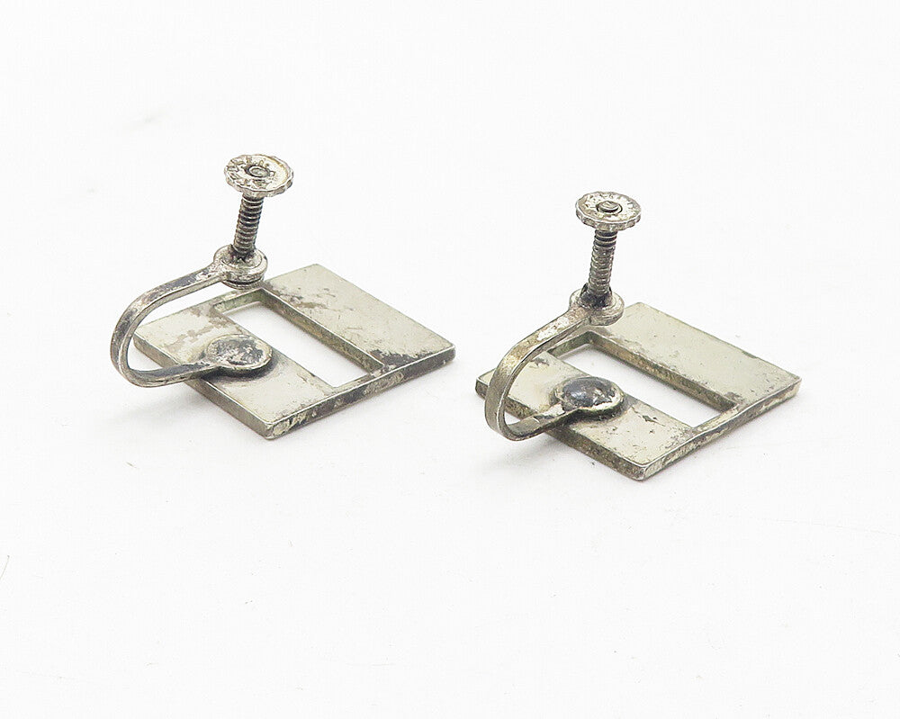 925 Sterling Silver  Vintage Cutout Square Non Pierce Screw On Earrings EG6233