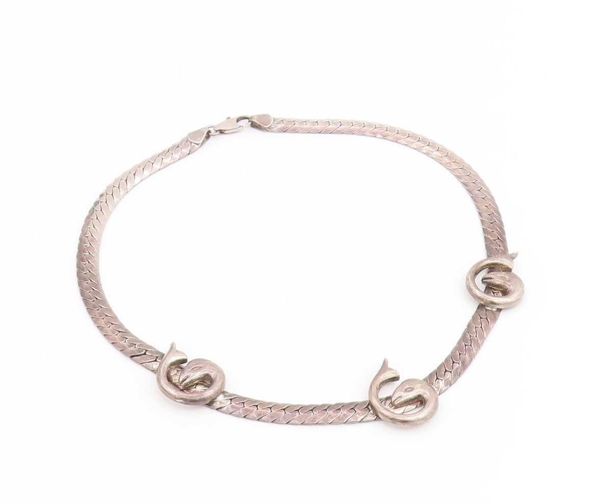 925 Sterling Silver Vintage Necklace Modernist Dolphin Motif Choker  NE4790