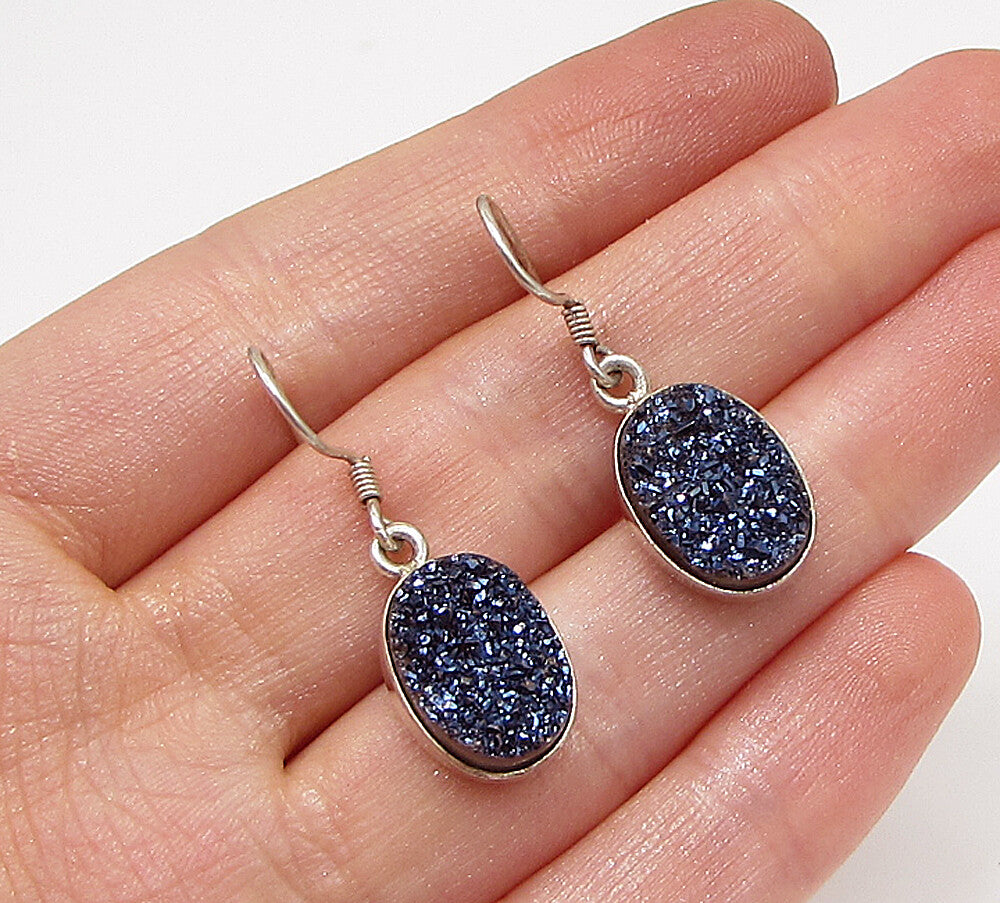 925 Sterling Silver  Vintage Druzy Oval Drop Earrings  EG1850
