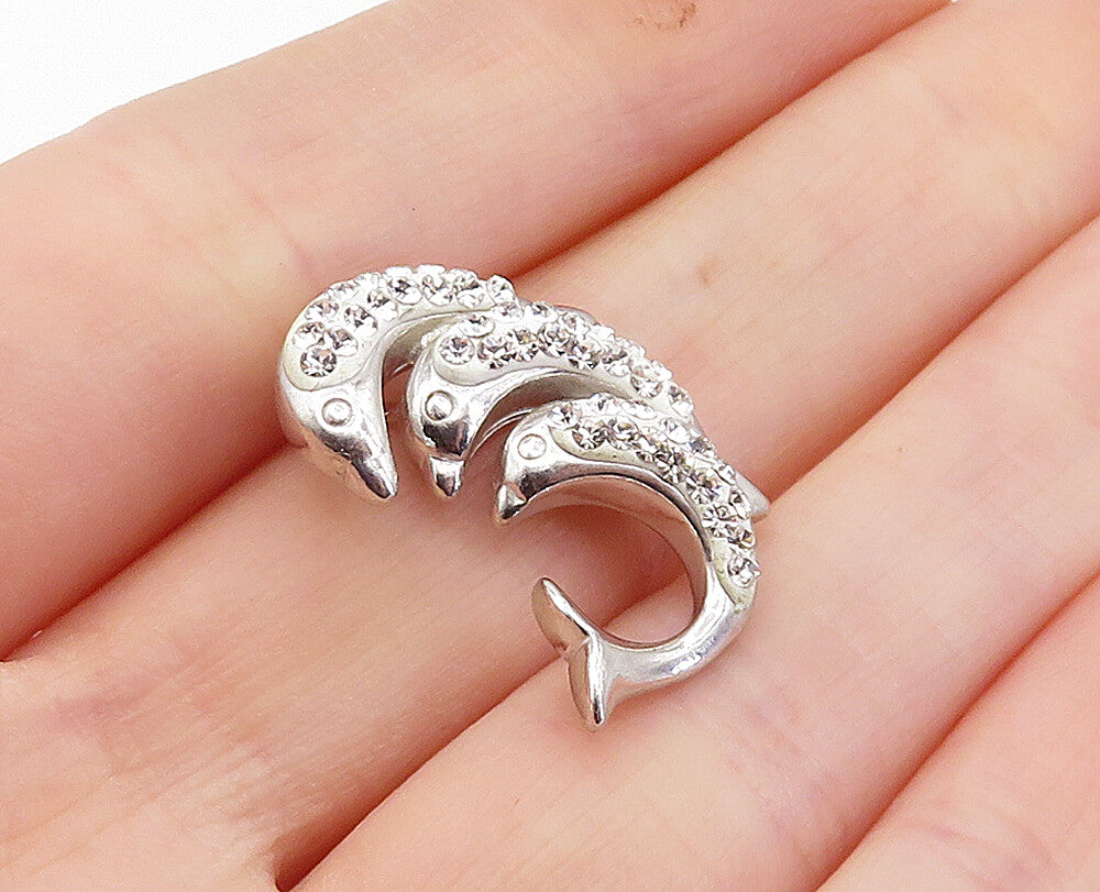 925 Sterling Silver  Sparkling Topaz Triple Leaping Dolphin Pendant  PT3003