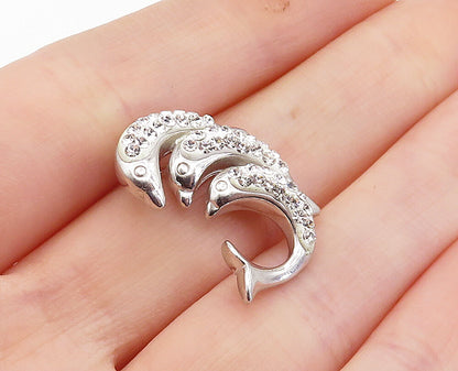 925 Sterling Silver  Sparkling Topaz Triple Leaping Dolphin Pendant  PT3003