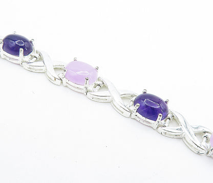 925 Sterling Silver  Cabochon Cut Amethyst Polished Chain Bracelet  BT3096
